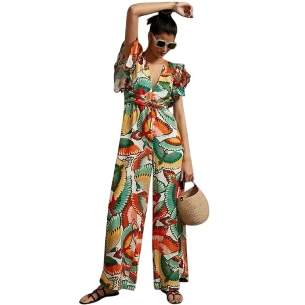 FARM Rio for Anthropologie Jumpsuit Tropical Fan Ruffle Sleeve Romper Small - Picture 1 of 8
